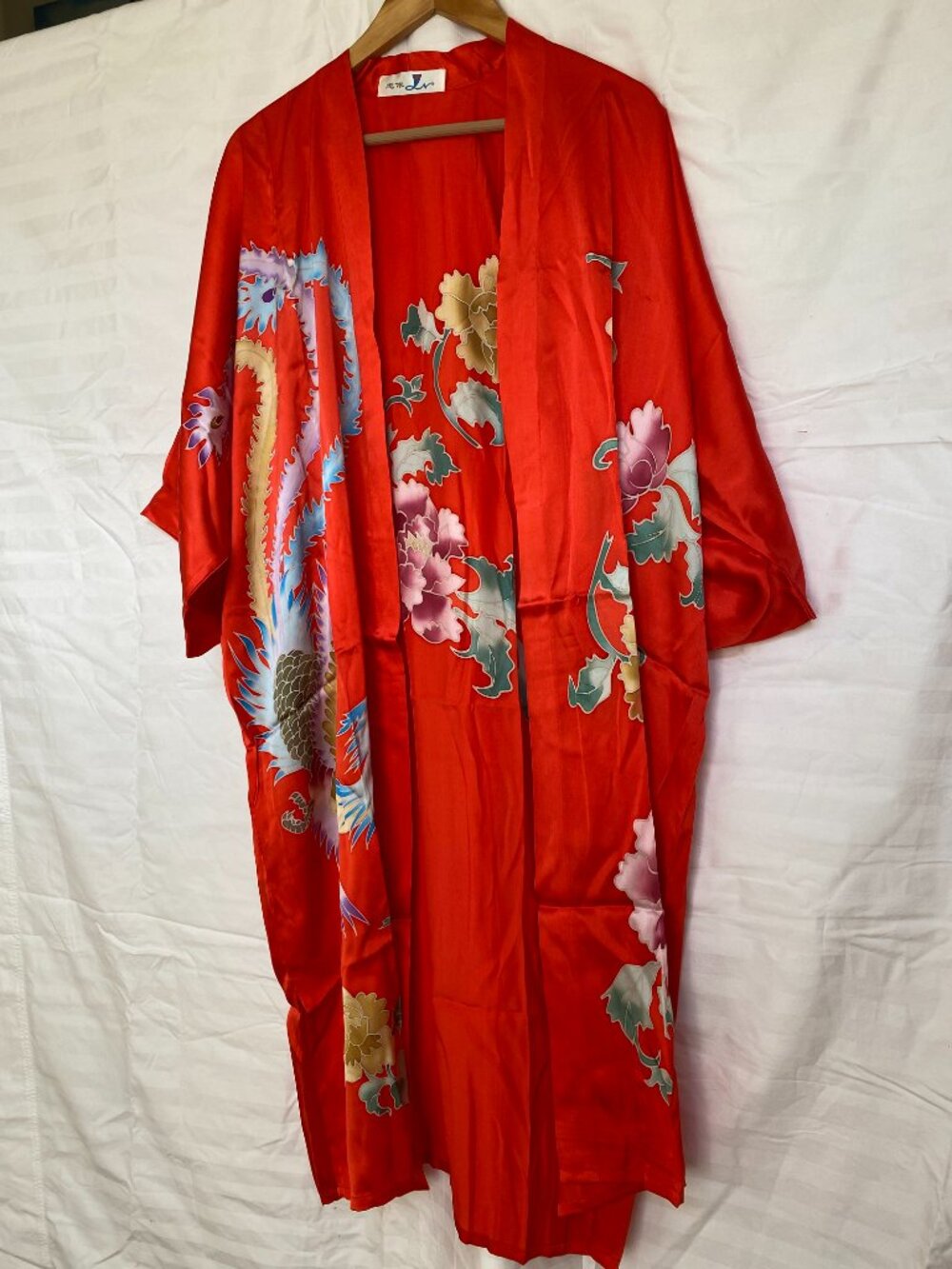 Chinese Silk Robe – Red Floral & Phoenix Print – Long Lightweight Robe